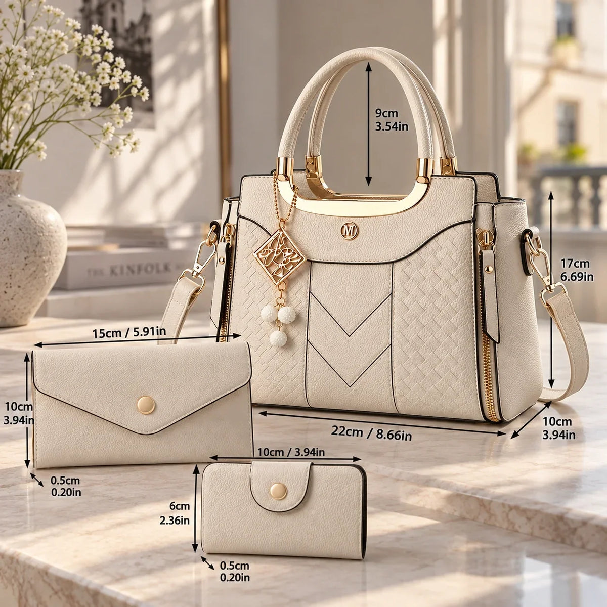 Chevron | 3-Piece Women's Handbag Set – Tote, Wallet & Card Holder
