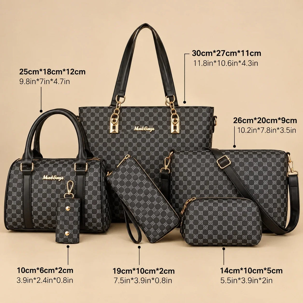 Bohème | 6-Piece Women's Handbag Set – Tote, Handbag, Clutch, Crossbody Bag, Wallet & Key Case