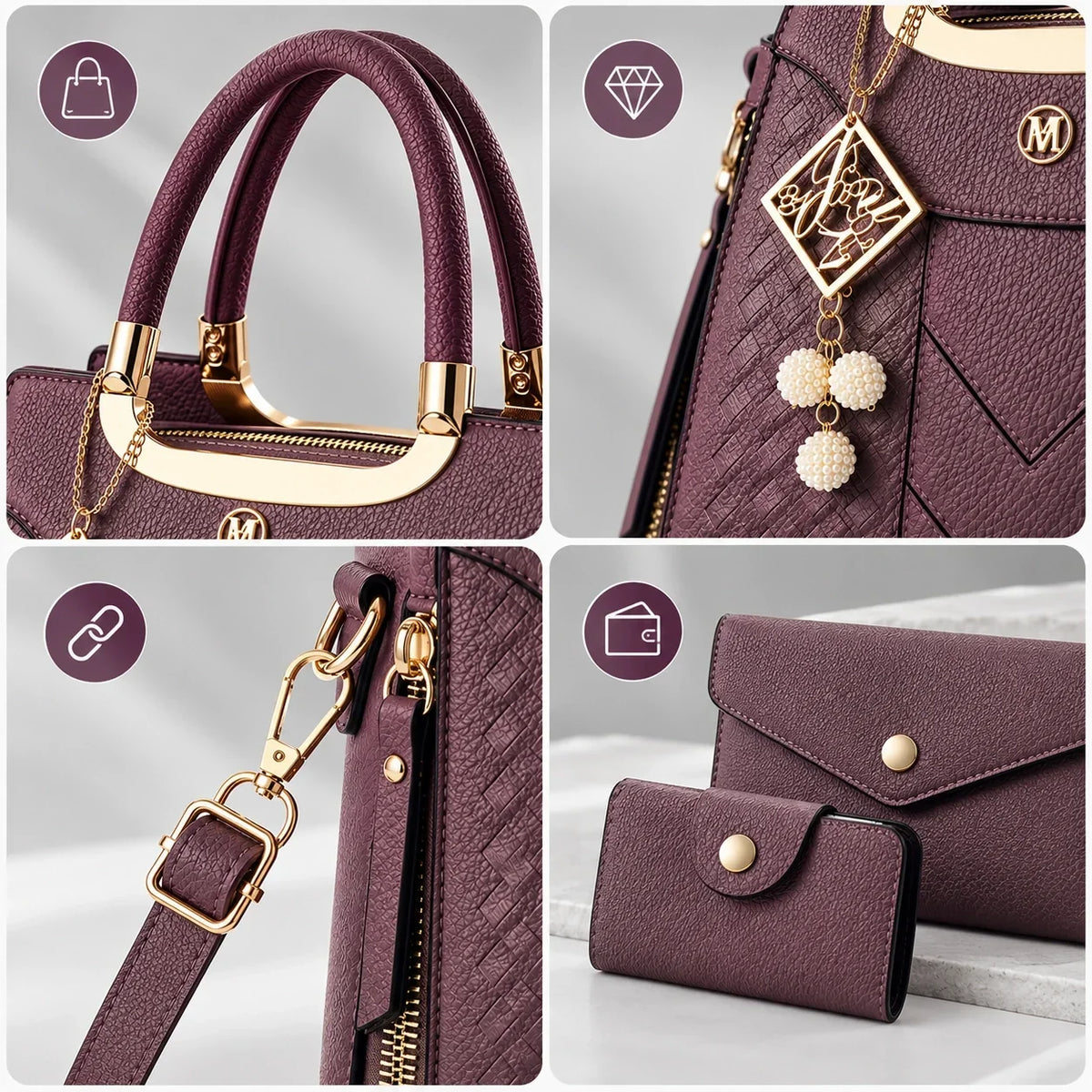 Chevron | 3-Piece Women's Handbag Set – Tote, Wallet & Card Holder